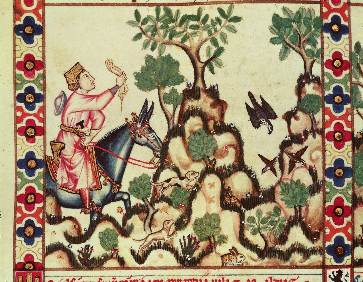 Fol.64r The Falcon Hunt ، من المخطوطة المصممة بتوجيه من ألفونسو العاشر ملك كاستيل وليون الحكيم بواسطة المدرسة الاسبانية