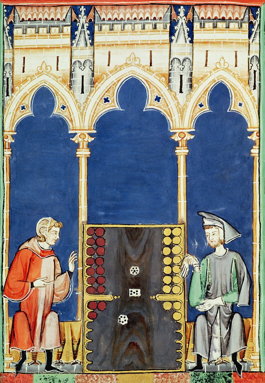 Fol.85v اثنين من لاعبي الطاولة ، من كتاب الألعاب والشطرنج والنرد واللوحات ، 1282 بواسطة المدرسة الاسبانية
