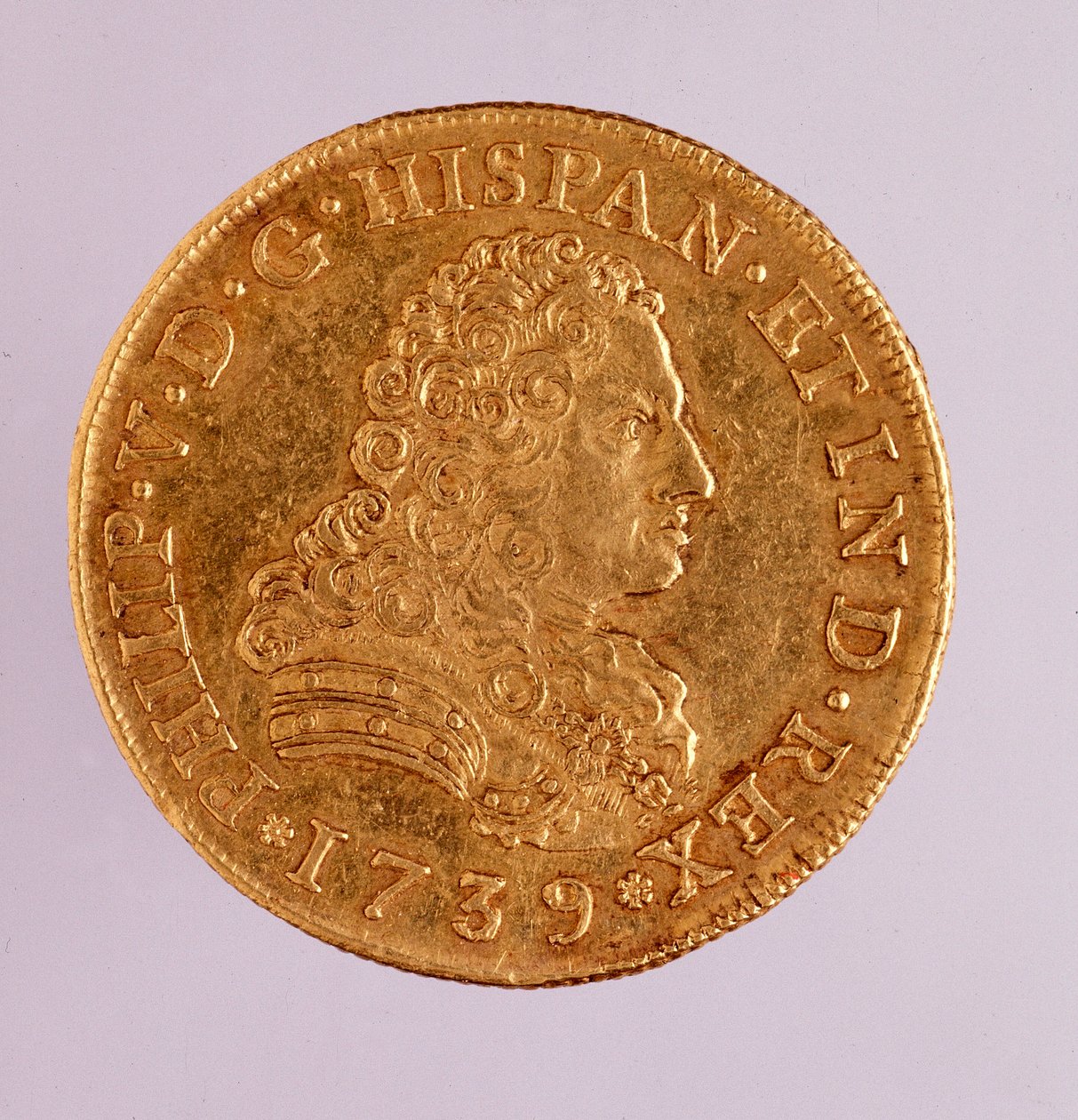 عملة ذهبية (8 ecu) من إسبانيا: عهد فيليب (Filippo أو Philippe) الخامس (1700-1746). 1739 ديم. 3.6 سم نابولي متحف أثري بواسطة المدرسة الاسبانية