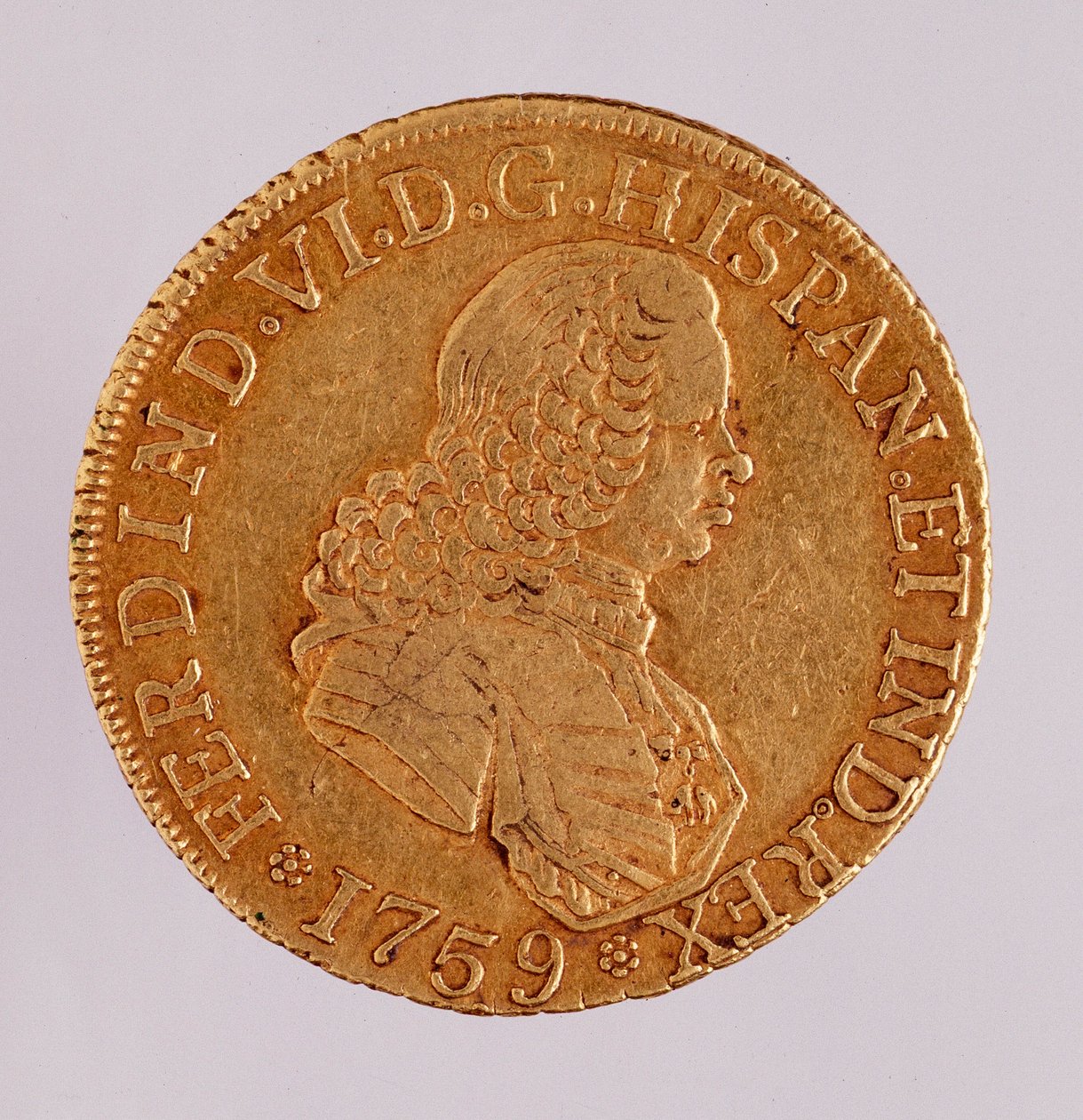 عملة ذهبية (8 ecus) من إسبانيا: عهد فرديناندو (فرديناند) السادس (1746-1759). 1759 ديم. 3،5 سم نابولي ، المتحف الأثري بواسطة المدرسة الاسبانية