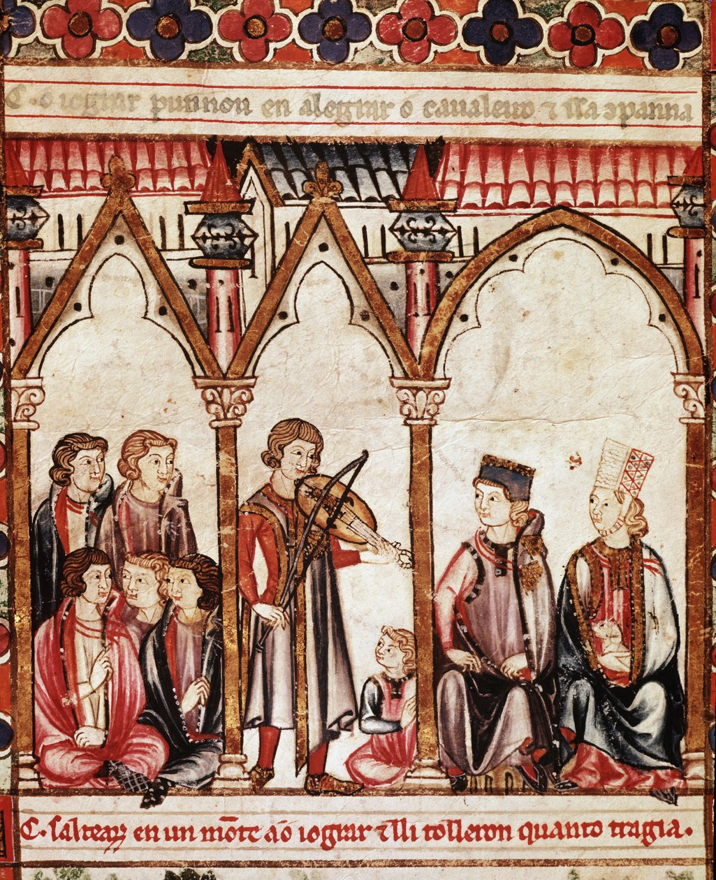مجموعة من Troubadours ، رسم توضيحي من "Cantigas de Santa Maria" "، صنعت تحت إشراف ألفونسو العاشر (" الحكيم ") ملك قشتالة وليون (1221-1284) - بلاط الملك والموسيقيين. منمنمة من مخطوطة أغنية القديسة مريم (Cantig بواسطة المدرسة الاسبانية