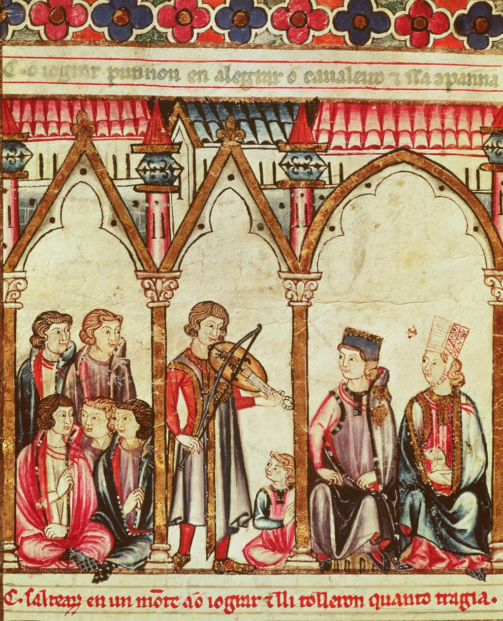 مجموعة Troubadours ، توضيح من Cantigas de Santa Maria ، صُنع تحت إشراف ألفونسو العاشر (الحكيم) ملك قشتالة وليون (1221-84) (انظر أيضًا 56625) بواسطة المدرسة الاسبانية