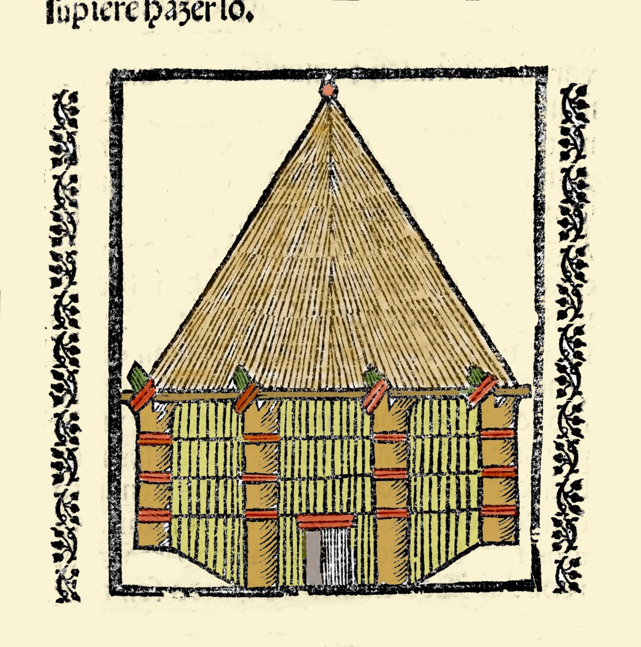 الموطن: وصف Cabane des Indigenes Caraibes. نقش من كتاب "التاريخ العام لجزر الإنديز والجزر والبر الرئيسي لبحر المحيط" بقلم غونزالو فرنانديز دي أوفييدو (غونزالو) أو فرنانديز دي ، أو هيرنانديز دي أوفييدو إي فالديس (1478-1557) بواسطة المدرسة الاسبانية