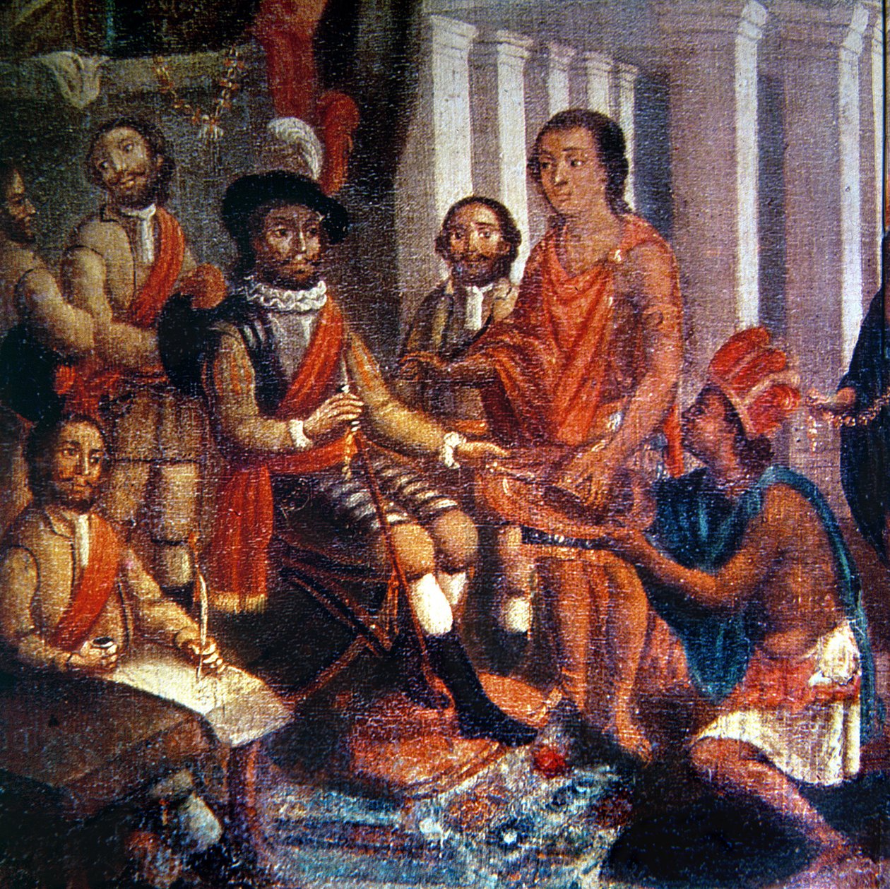 هيرناندو كورتيس (1485-1547) يتلقى إجلال الأزتيك (زيت على قماش) بواسطة المدرسة الاسبانية