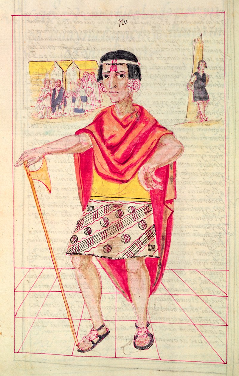 رسم توضيحي من "التاريخ وعلم الأنساب الملكي لملوك الإنكا في بيرو ، لأفعالهم وعاداتهم وأزيائهم وأسلوب الحكومة" ، والمعروفة باسم Codice Murua بواسطة المدرسة الاسبانية