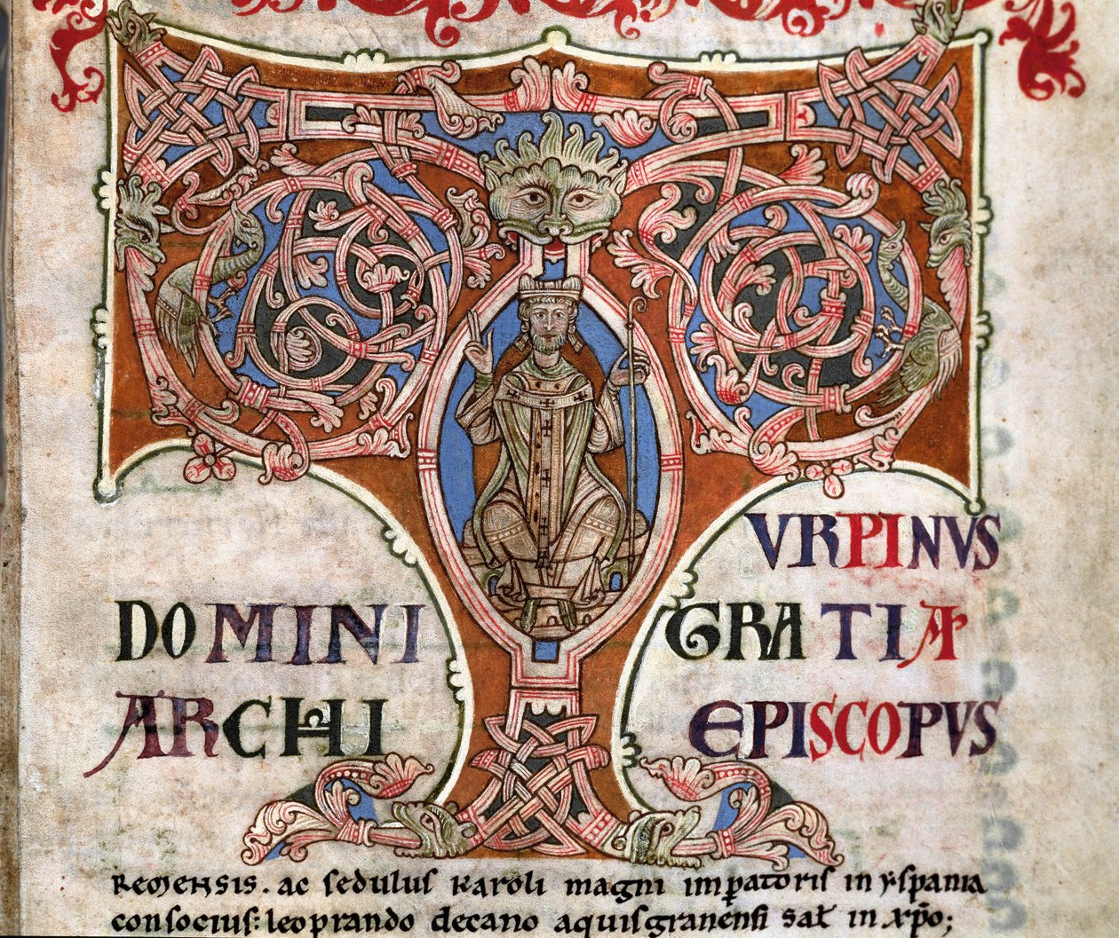 الحرف T الأولي مع تصوير شارلمان ، رسم توضيحي من الدستور الغذائي كاليكستينوس ، c.1140 بواسطة المدرسة الاسبانية