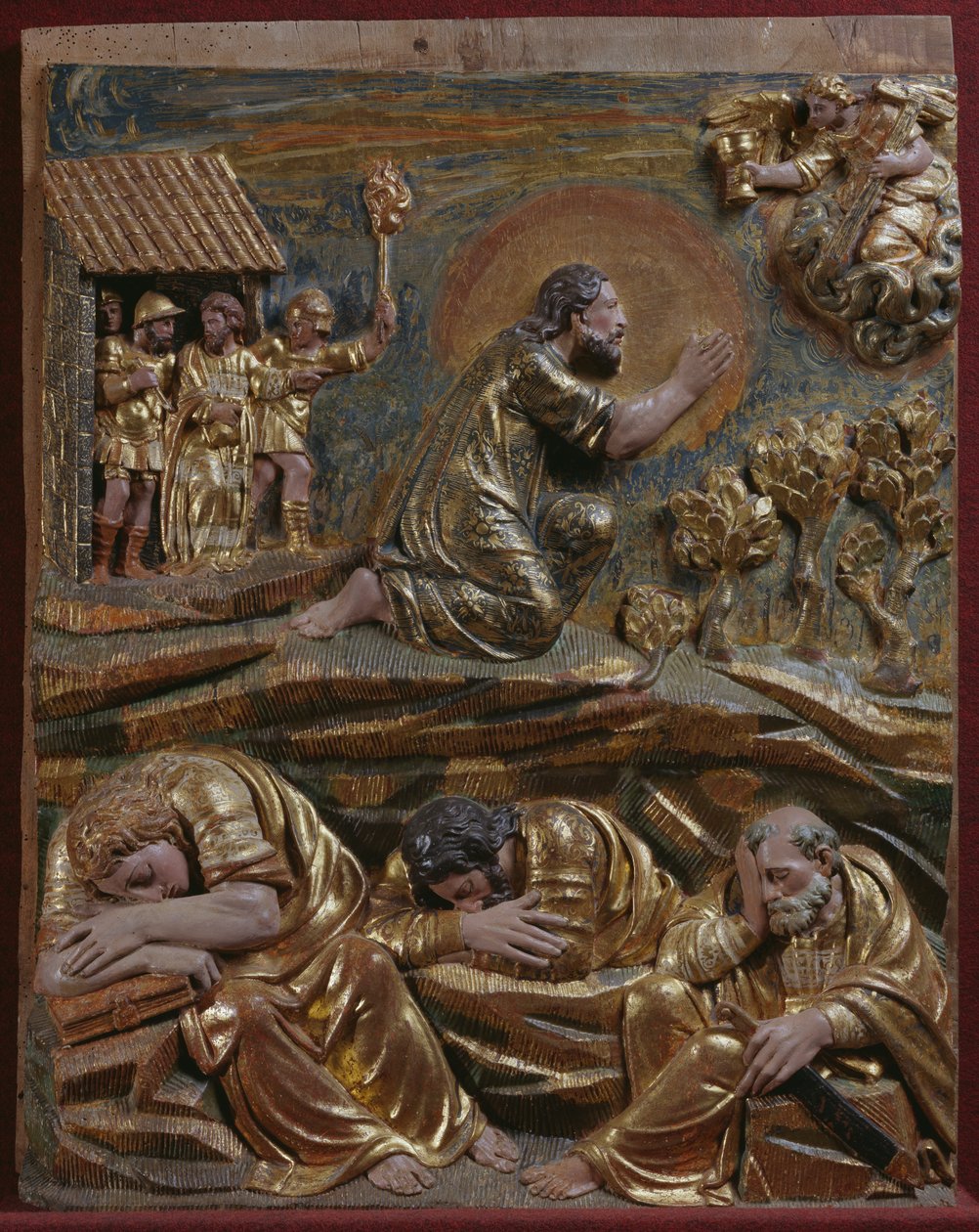 Jesus in the Garden of Gethsemane, detail of a Renaissance altarpiece (painted and gilded wood) بواسطة المدرسة الاسبانية
