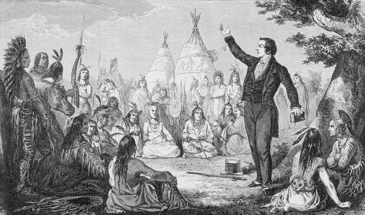 جوزيف سميث ، مؤسس الكنيسة المورمونية ، الوعظ للهنود ، من "La Vuelta al Mundo" ، نُشر في مدريد ، 1865 (النقش) بواسطة المدرسة الاسبانية