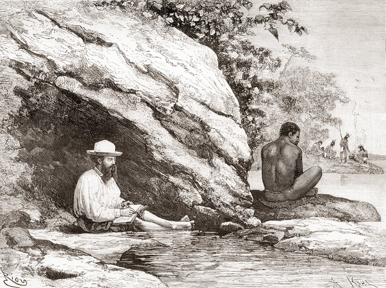 جول كريفاو ، أثناء استكشافه لغويانا الفرنسية عام 1878 ، في ظل صخرة على ضفاف نهر أويابوك أو نهر أويابوك بواسطة المدرسة الاسبانية
