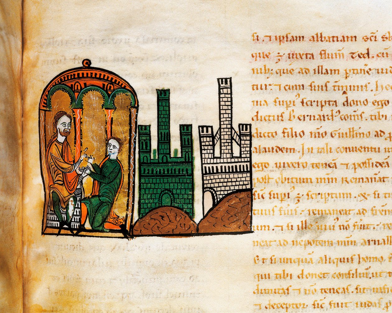 الملك ألفونسو الثاني ملك أراغون يستقبل أحد رجال الحاشية ، من مخطوطة "Liber Feudorum Maior" بواسطة المدرسة الاسبانية