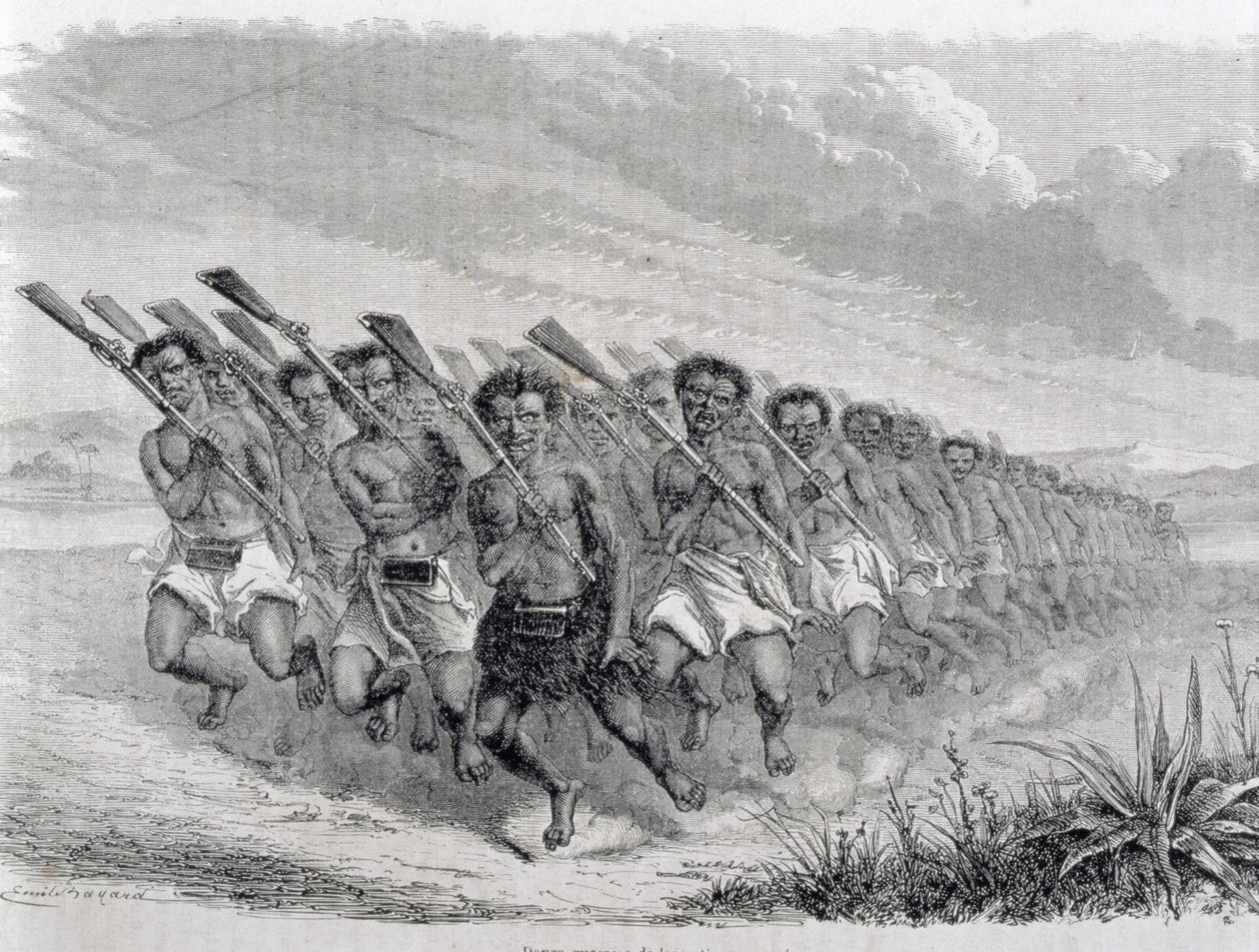 محاربو الماوري يؤدون رقصة حرب ، توضيح من "العودة إلى العالم" (النقش) بواسطة المدرسة الاسبانية