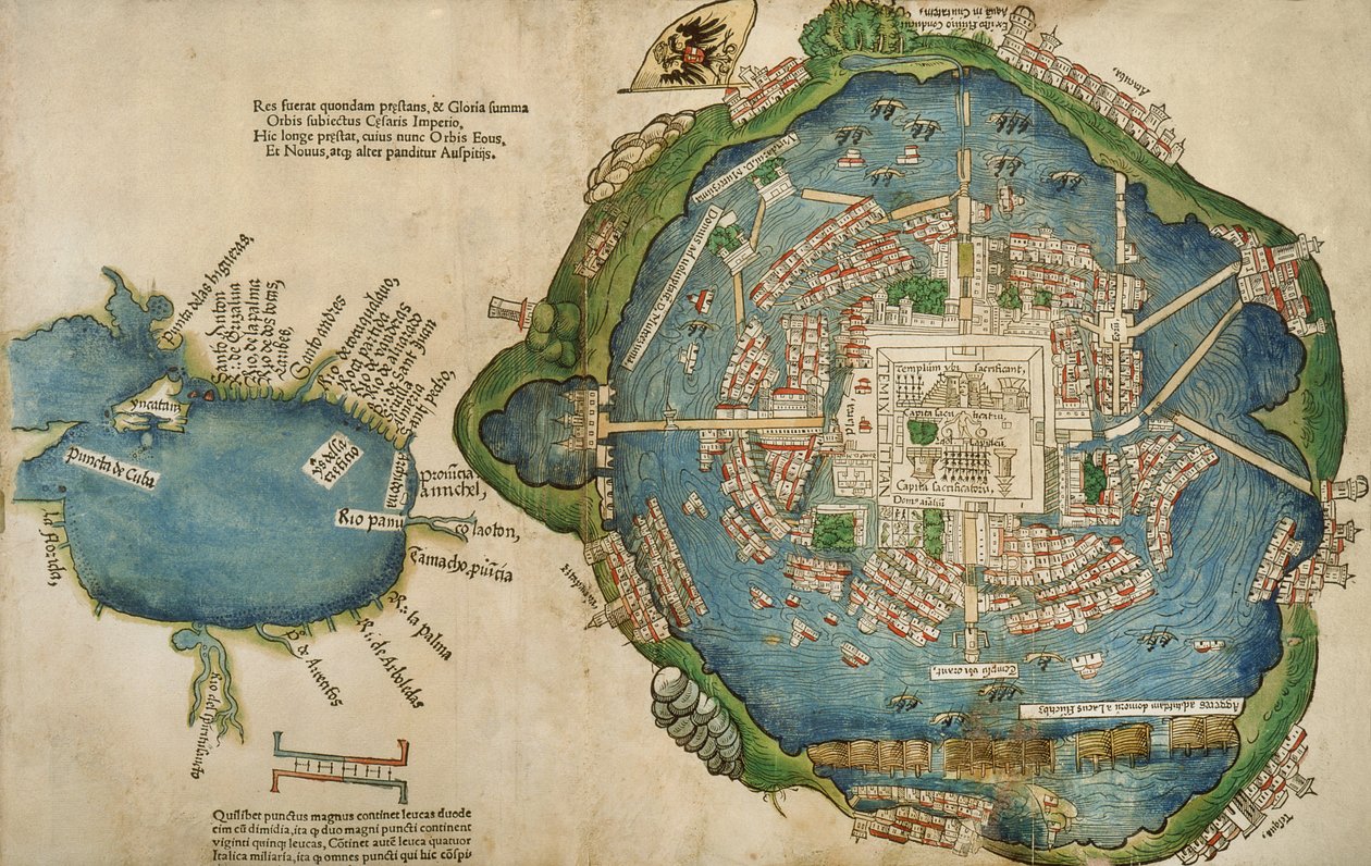 خريطة تينوختيتلان وخليج المكسيك ، من Praeclara Ferdinadi Cortesii de Nova maris Oceani Hyspania Narratio بواسطة Hernando Cortes (1485-1547) 1524 بواسطة المدرسة الاسبانية