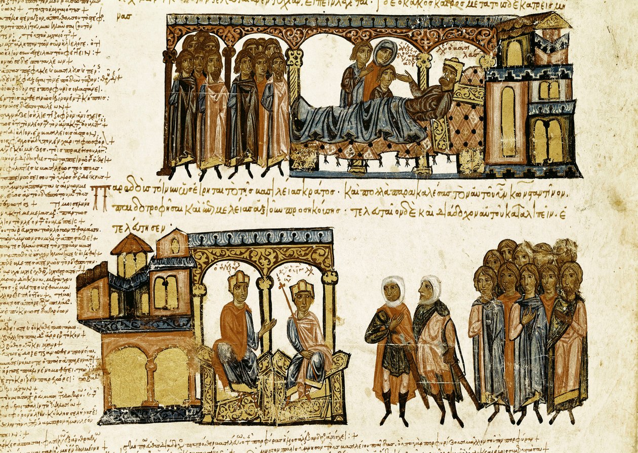 صورة مصغرة من "Synopsis historyiarum" أو "Byzantine Chronicles" (تواريخ الملوك البيزنطيين والأحداث من 811 إلى 1057) بواسطة John (Johannes أو John) Scylitza (أو Skylitzes أو Scylitzae) (القرنين 11 و 12) بواسطة المدرسة الاسبانية