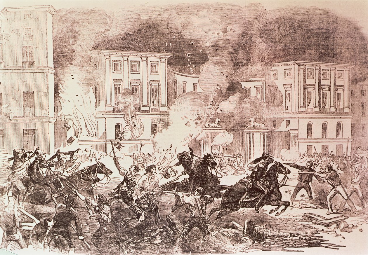 الانتفاضات الشعبوية في مدريد ، المشاغبون يحاولون إشعال النار في قصر الملكة ماريا كريستينا عام 1854 (ليتو) بواسطة المدرسة الاسبانية