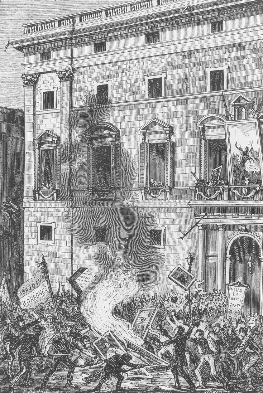 شعب برشلونة يحرقون صور البوربون ، 1868 (النقش) بواسطة المدرسة الاسبانية