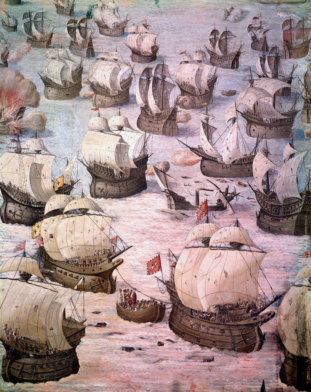 سباق القوارب الشراعية الإسبانية خلال رحلة استكشافية إلى Acores في 1582 بقيادة فيليب الثاني (1527-1598) ، ملك إسبانيا. 16th جصية. قاعة المعارك ، قصر الإسكوريال ، مدريد. بواسطة المدرسة الاسبانية