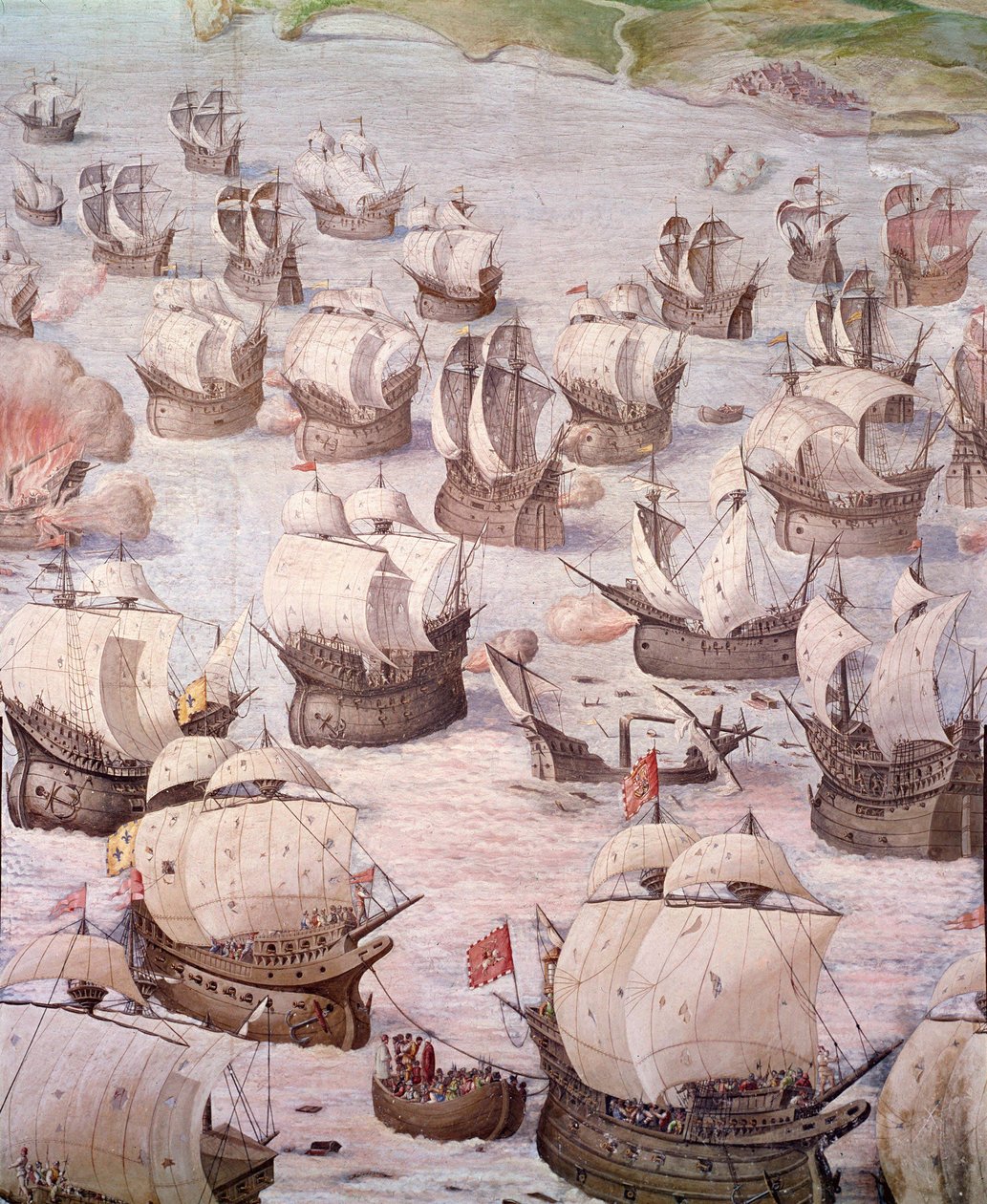 سباق القوارب الشراعية الإسبانية خلال رحلة استكشافية إلى Acores في 1582 بقيادة فيليب الثاني (1527-1598) ، ملك إسبانيا. 16th جصية. قاعة المعارك ، قصر الإسكوريال ، مدريد. بواسطة المدرسة الاسبانية
