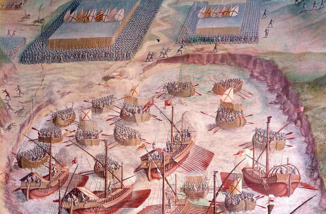 سباق القوارب الشراعية الإسبانية خلال رحلة استكشافية إلى Acores في 1582 بقيادة فيليب الثاني (1527-1598) ، ملك إسبانيا. 16th جصية. قاعة المعارك ، قصر الإسكوريال ، مدريد. بواسطة المدرسة الاسبانية