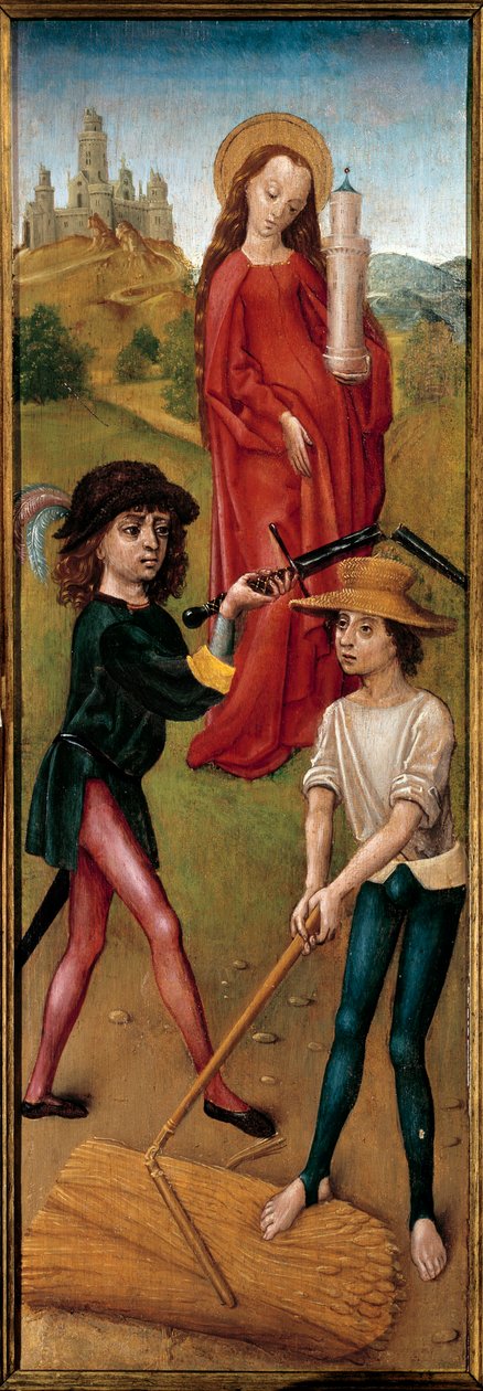 Saint Barbe and two peasants mowing the bles Painting on wood of the Spanish School. 15th century. Paris, decorative arts بواسطة المدرسة الاسبانية