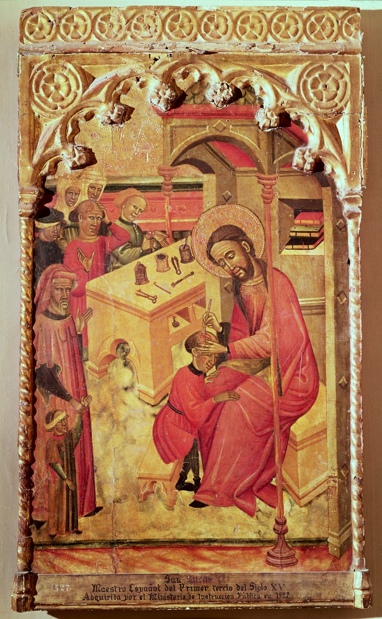القديس لوقا يعمل على رأس رجل ، c.1400-30 بواسطة المدرسة الاسبانية