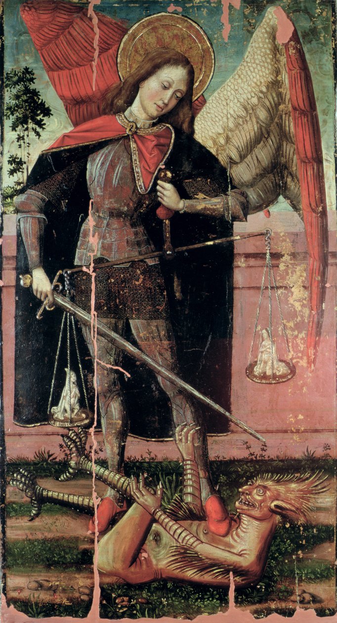 St Michael Weighing Souls (درجة الحرارة على اللوحة) بواسطة المدرسة الاسبانية
