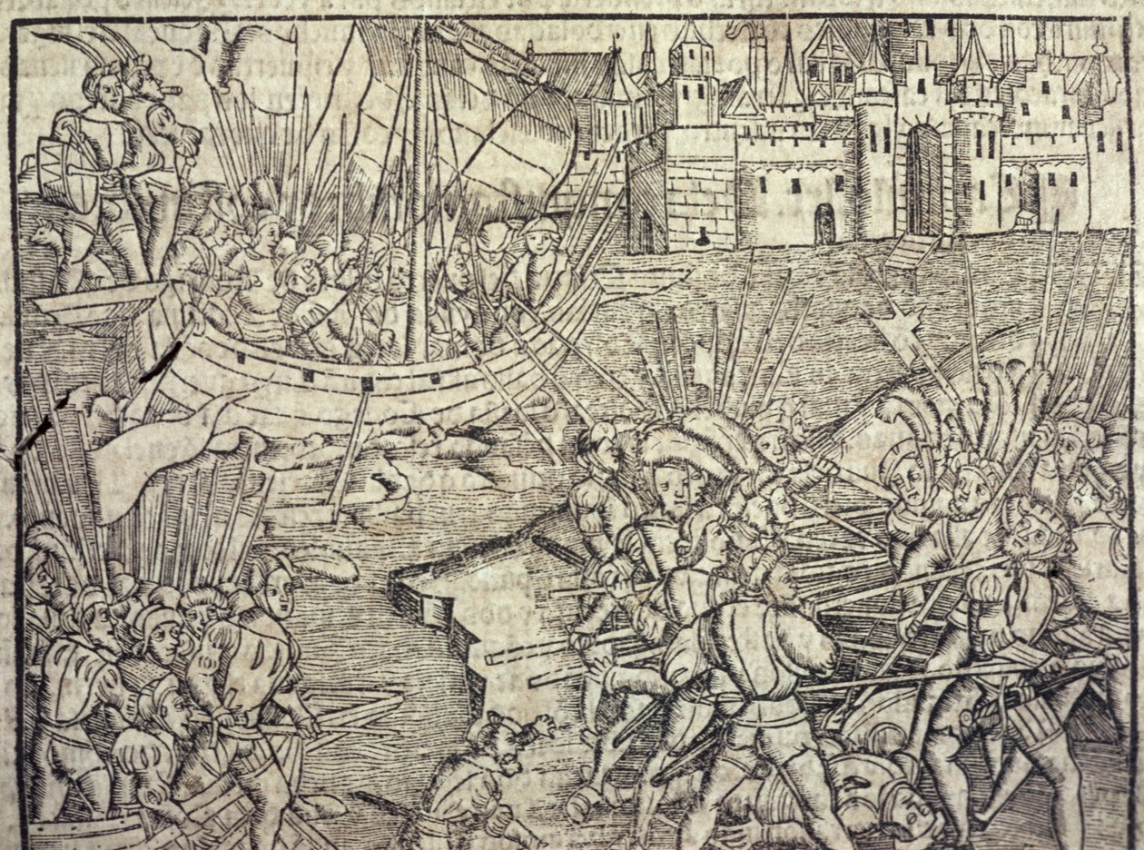 غزو ​​بيرو ، رسم توضيحي من "التاريخ العام للهند والعالم الجديد" بقلم فرانسيسكو لوبيز دي جومارا (مواليد 1510) 1554 (نقش) بواسطة المدرسة الاسبانية