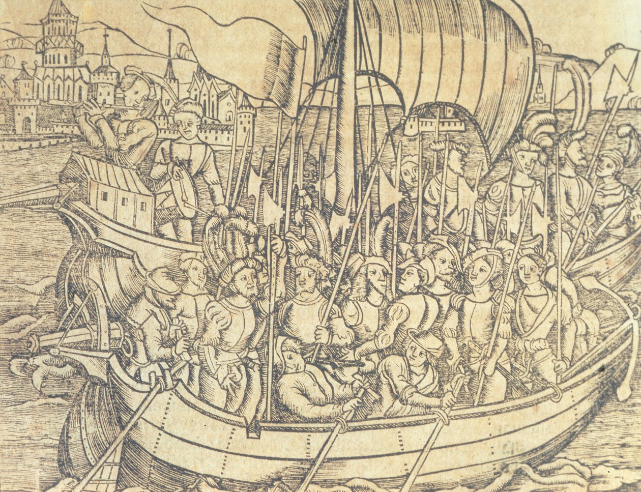 اكتشاف العالم الجديد بواسطة كريسوفر كولومبوس (1450-1596) رسم توضيحي من "التاريخ العام لجزر الهند والعالم الجديد" بقلم فرانسيسكو لوبيز دي جومارا (مواليد 1510) 1554 (نقش) بواسطة المدرسة الاسبانية