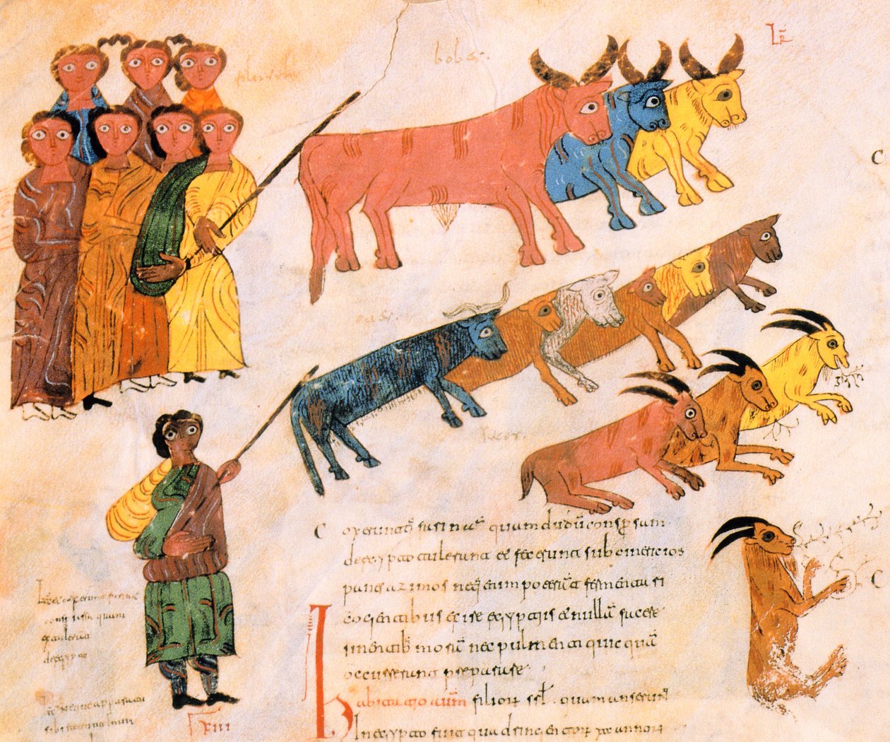 يغادر الشعب العبري مصر مع ماشيتهم ، من الكتاب المقدس القوطي والموزاربي للقديس إيسيدوريس ، ص .38 v. ، 960 م (درجة حرارة على الرق) بواسطة المدرسة الاسبانية