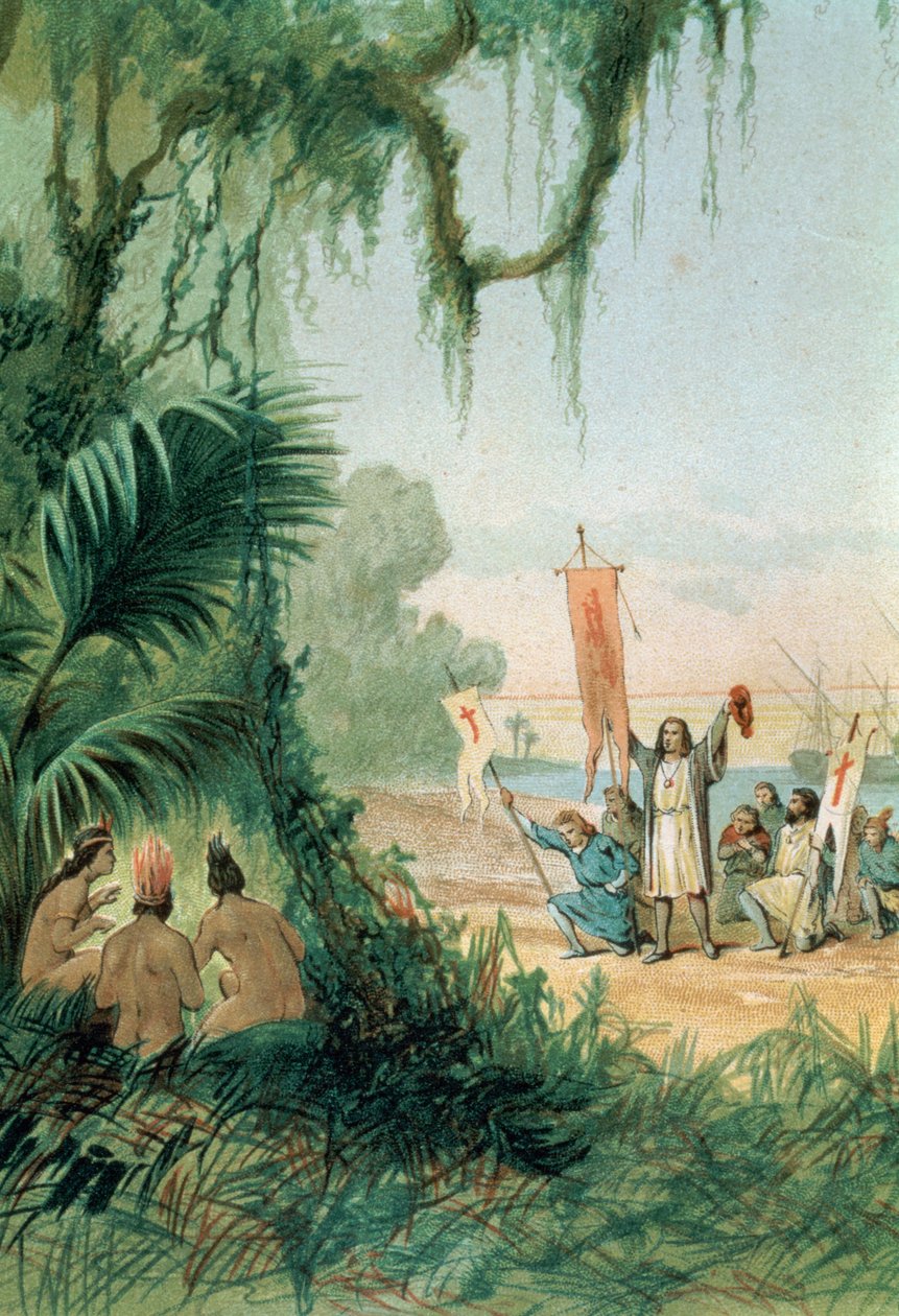 هبوط كريستوفر كولومبوس (1451-1506) في جزيرة سان سلفادور في 12 أكتوبر 1492 ، من "اكتشاف أمريكا" ، حانة. برشلونة بواسطة المدرسة الاسبانية