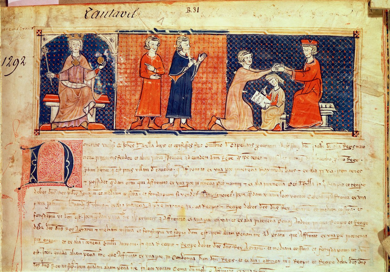 اللورد الإقطاعي يوعظ خطبته أمام ملك مايوركا ، جيمس الأول (1207-76) من Capbreu de Clayra et de Millas ، 1292 بواسطة المدرسة الاسبانية