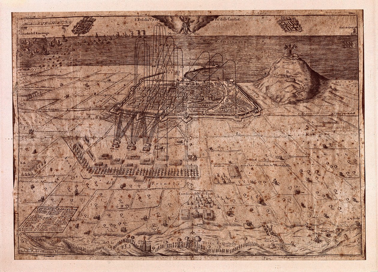 رفع كاتالونيا أو حرب الحاصدين (1640-1659) مقر برشلونة بحرا وبرا من قبل قوات فيليب الرابع ملك إسبانيا (1605-1665). نقش 1652. متحف تاريخ المدينة ، برشلونة. بواسطة المدرسة الاسبانية