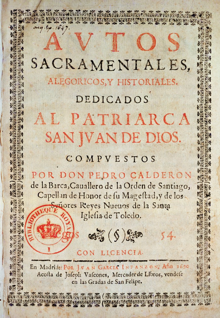 صفحة العنوان من Los Autos Sacramentales بواسطة Pedro Calderon de la Barca (1600-81) حرره خوان جارسيا إنفانزون ، 1690 (ورق مطبوع) بواسطة المدرسة الاسبانية