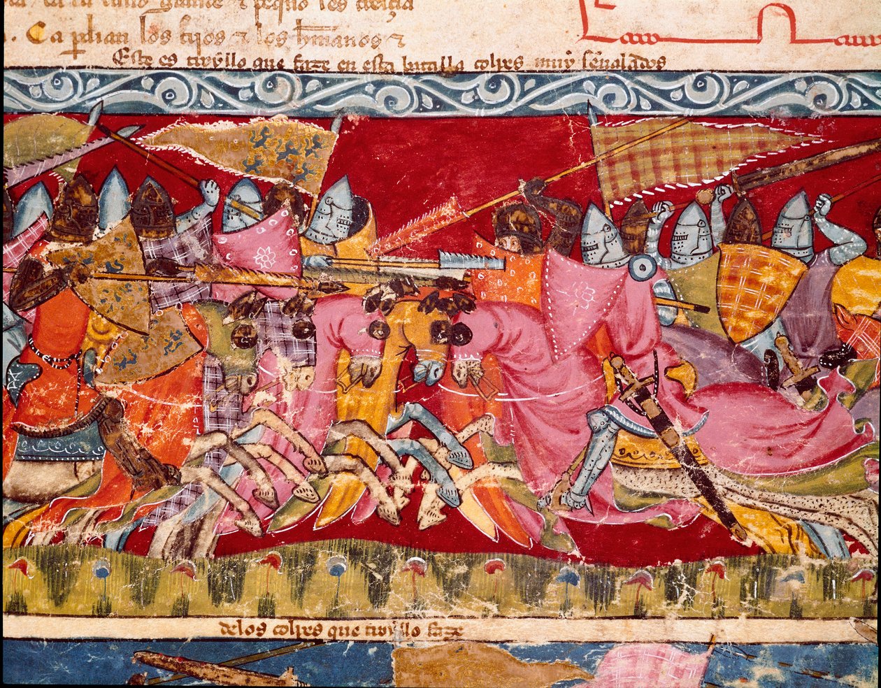 حرب طروادة: معركة بين اليونانيين وأحصنة طروادة. تفاصيل منمنمة من المخطوطة الإسبانية "Codex Benito de Santa Mora" " بواسطة المدرسة الاسبانية