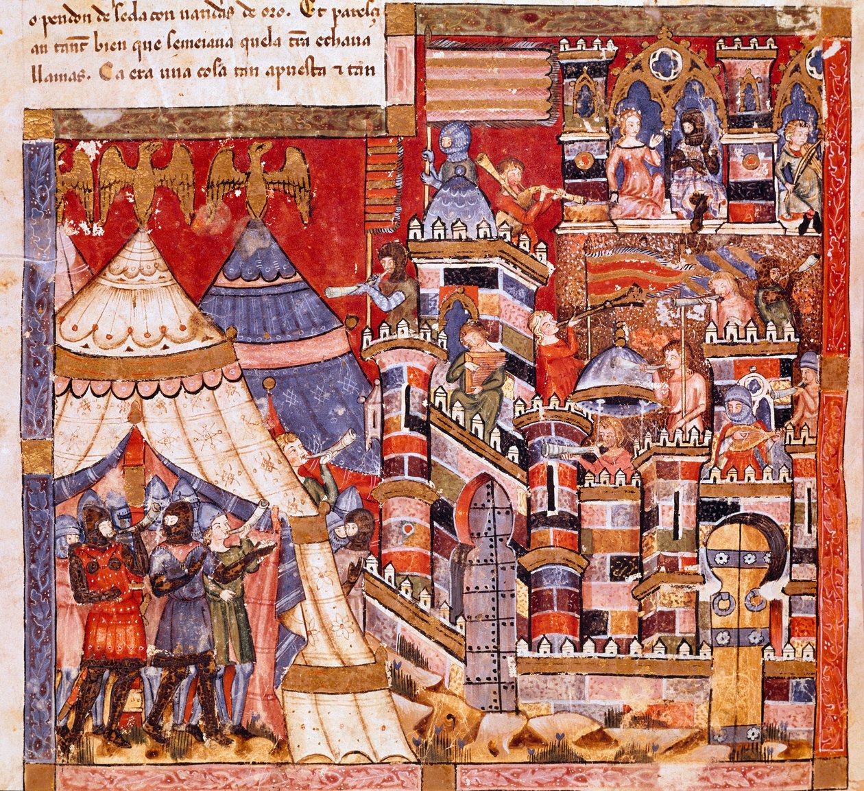 حرب طروادة: مدينة طروادة والمعسكر اليوناني. تفاصيل منمنمة من المخطوطة الإسبانية "Codex Benito de Santa Mora" " بواسطة المدرسة الاسبانية