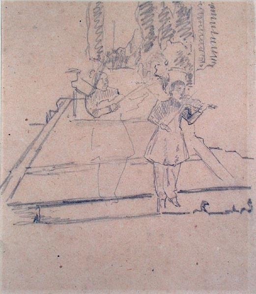 The Musicians at the Footlights ، حوالي عام 1910 (قلم رصاص على ورق برتقالي) بواسطة سبنسر فريدريك جور