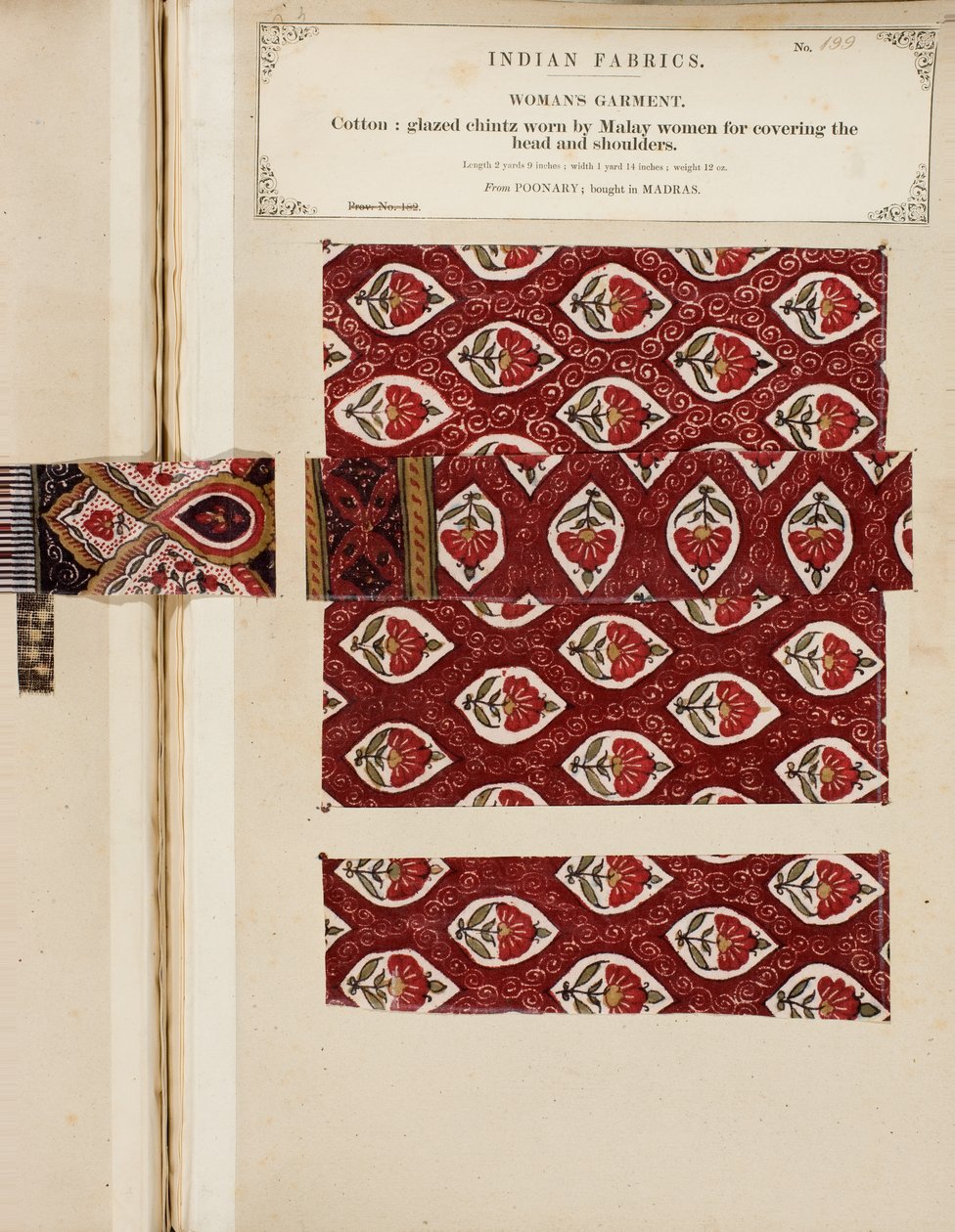 عينة chintz المزججة من القطن من Poonary ، تم شراؤها في مدراس ، من مجموعة مصنعي المنسوجات في الهند ، بقلم جون فوربس واتسون ، نُشر في عام 1866 بواسطة المدرسة السريلانكية