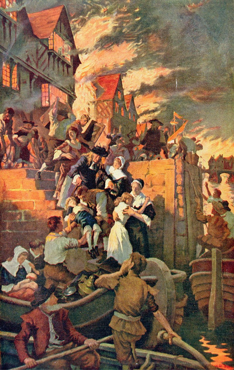 حريق لندن العظيم عام 1666 ، رسم توضيحي من قصة هوتشينسون "قصة الأمة البريطانية" ، حوالي عام 1920 (لون ليثو) بواسطة ستانهوب الكسندر فوربس