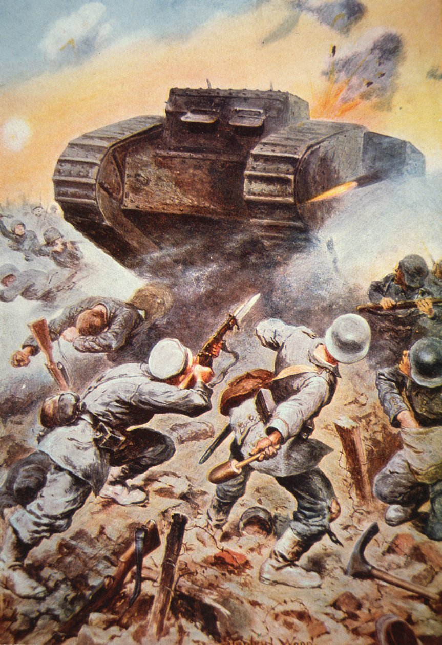British tank in action against Germans on the Western Front in WWI بواسطة ستانلي ل (بعد) وود