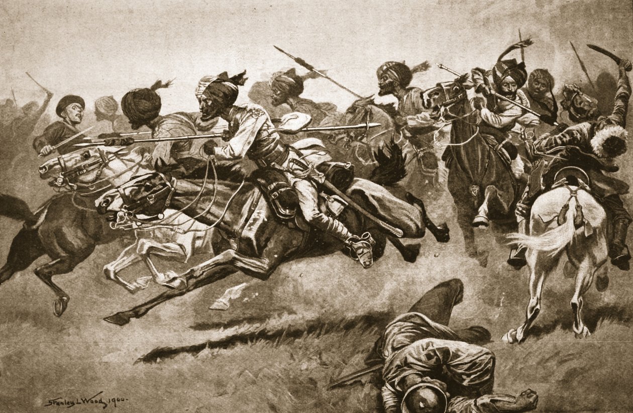 في الرحلة الاستكشافية إلى Pao-ting-fu: A charge of the Bengal Lancers ، رسم توضيحي من 'Battles of the Nineteenth Century: Vol. السابعة ، الحرب الصينية من 1900-1901 بقلم أرشيبالد فوربس وجا هينتي والرائد آرثر غريفيث (ليثو) بواسطة ستانلي ل (بعد) وود