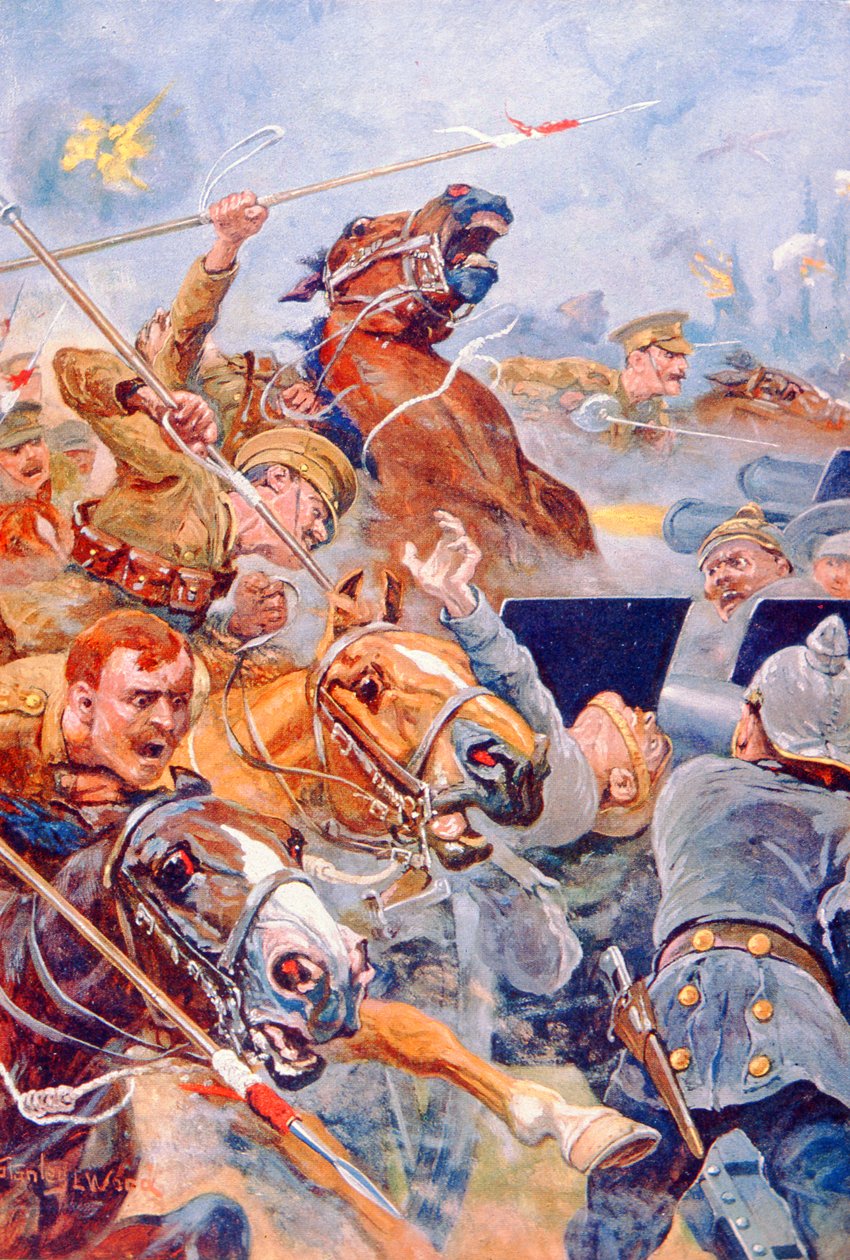 The Charge of the 9th Lancers during the Retreat from Mons (colour litho) بواسطة ستانلي ل (بعد) وود
