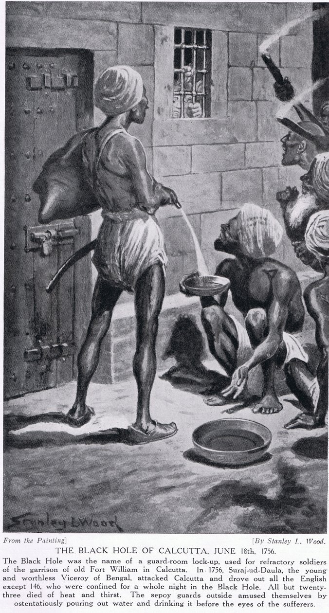 الثقب الأسود ، حصن ويليام القديم ، 18 يونيو 1756 ، رسم توضيحي من "تاريخ الأمم في هاتشينسون" ، ج .1910 بواسطة ستانلي ل. وود