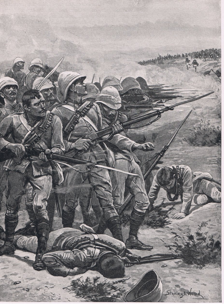 الميدان في أبو كرو ، 19 يناير 1885 ، رسم توضيحي من المعارك البريطانية على البر والبحر ، 1915 بواسطة ستانلي ل. وود