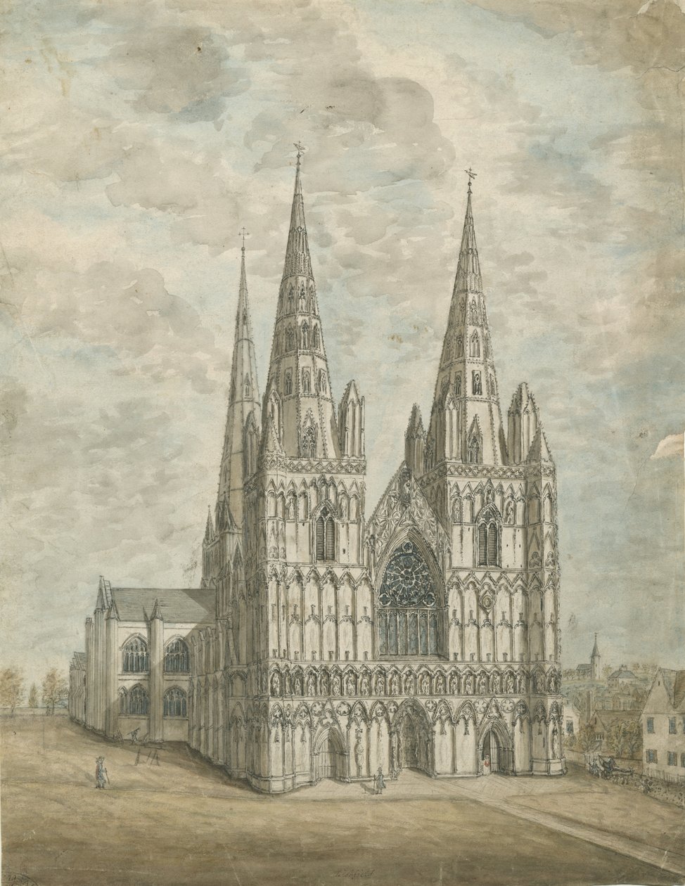 Lichfield Cathderal - West Front: الرسم بالألوان المائية ، [1762-1802] بواسطة ستيبينج شو
