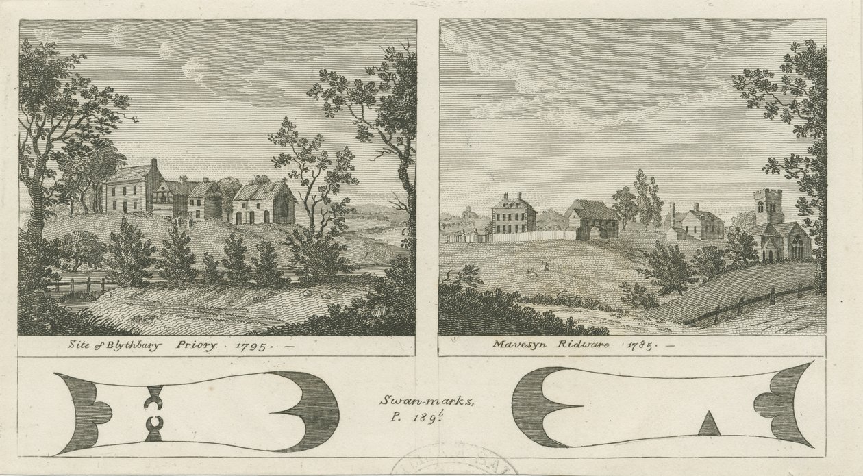 Mavesyn Ridware - موقع Blythbury Priory: نقش ، 1795 بواسطة ستيبينج شو