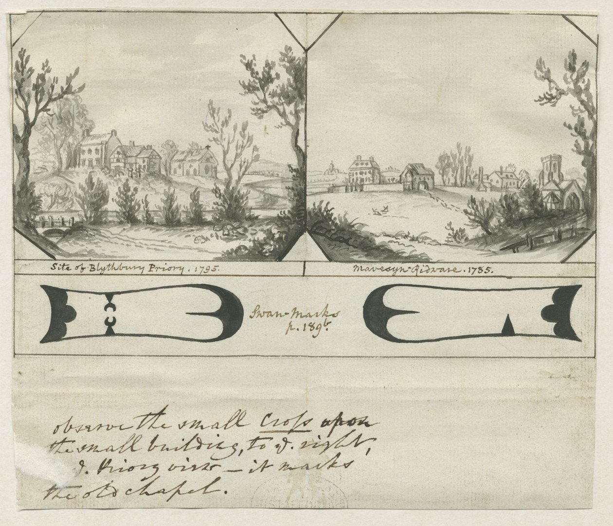 Mavesyn Ridware - موقع Blythbury Priory: رسم بالحبر الهندي ، 1795 بواسطة ستيبينج شو