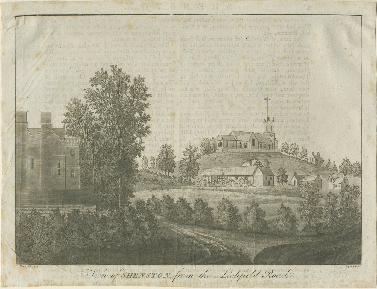 كنيسة وقرية Shenstone: نقش مائي ، 1792 بواسطة ستيبينج شو