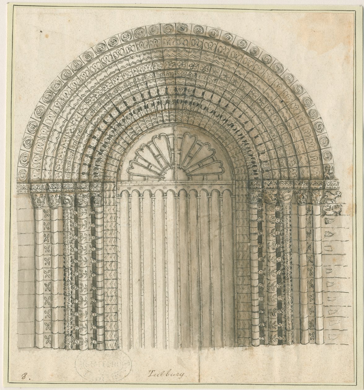 كنيسة Tutbury Priory - القوس في الباب الغربي: رسم بالقلم والبني الداكن ، و [1762-1802] (طباعة) بواسطة ستيبينج شو