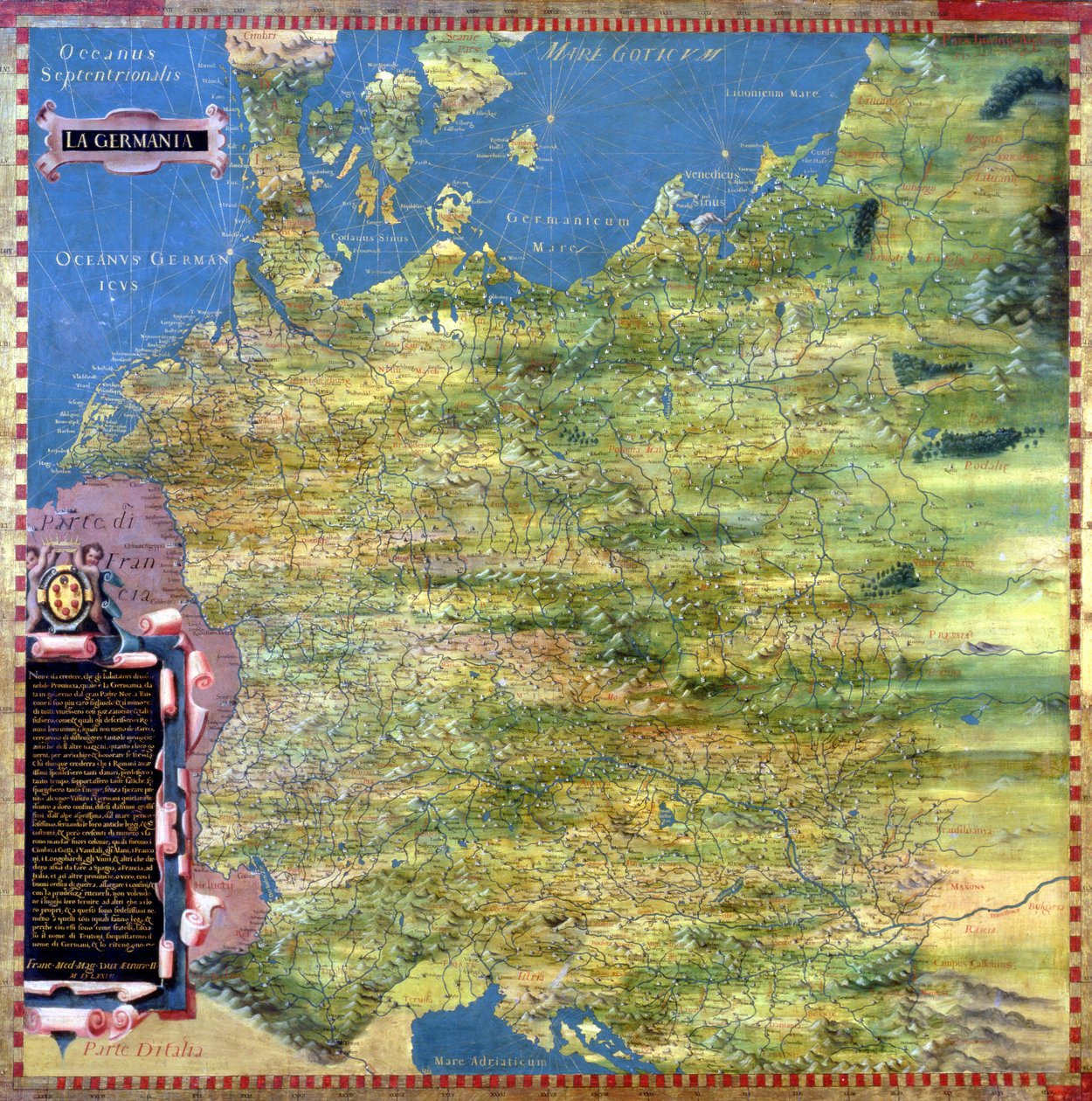 خريطة لألمانيا في القرن السادس عشر ، من "قاعة الخرائط الجغرافية" (Sala delle Carte Geografiche) 1575 بواسطة ستيفانو بونسنيوري