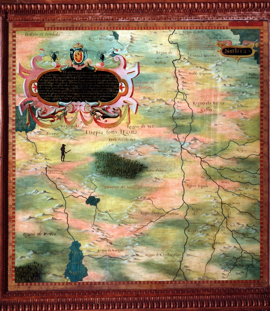 إفريقيا (النوبة ومصر) خريطة رسمها ستيفانو بونسنيوري (؟ -1589) عالم الكونيات والرسام الإيطالي. حوالي 1581. فلورنسا ، بالازو فيكيو ، سالا ديل ماباموندو بواسطة ستيفانو بونسينيوري