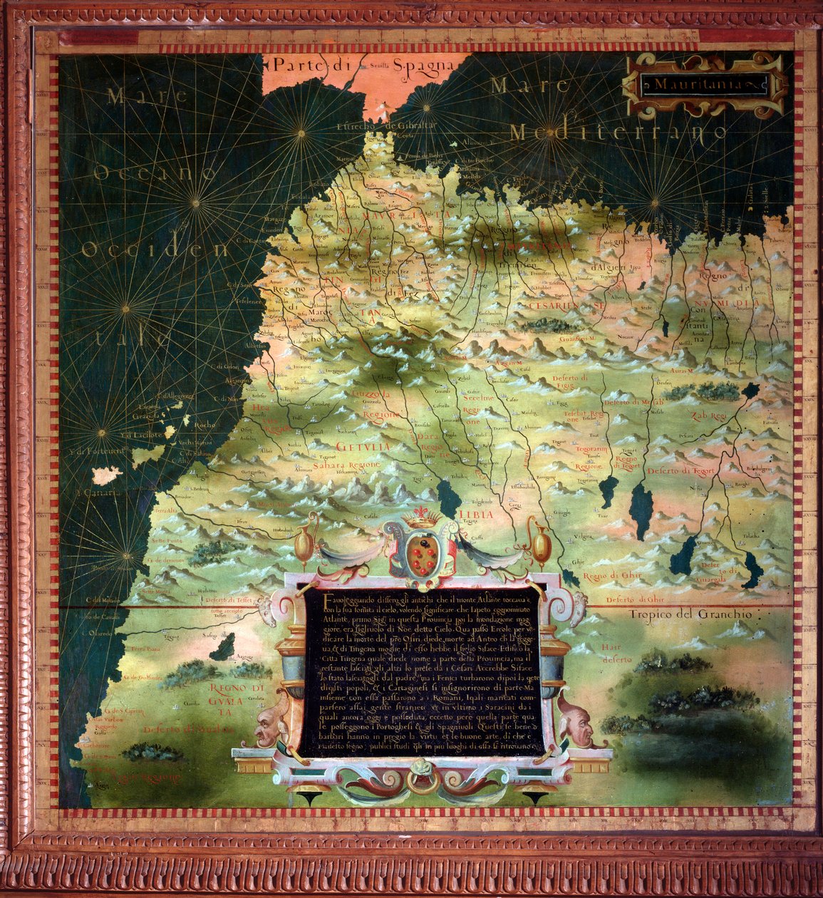 شمال إفريقيا (المغرب) وخريطة ديترويت لجبل طارق رسمها ستيفانو بونسنيوري (؟ -1589) عالم الكونيات والرسام الإيطالي. حوالي 1581. فلورنسا ، بالازو فيكيو ، سالا ديل ماباموندو بواسطة ستيفانو بونسينيوري